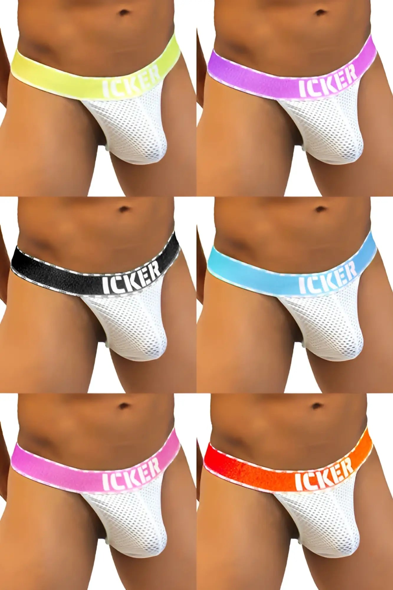 White mesh athletic briefs in neon yellow purple black light blue pink and orange with icker branded elastic waistbands