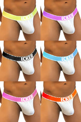 White mesh athletic briefs in neon yellow purple black light blue pink and orange with icker branded elastic waistbands