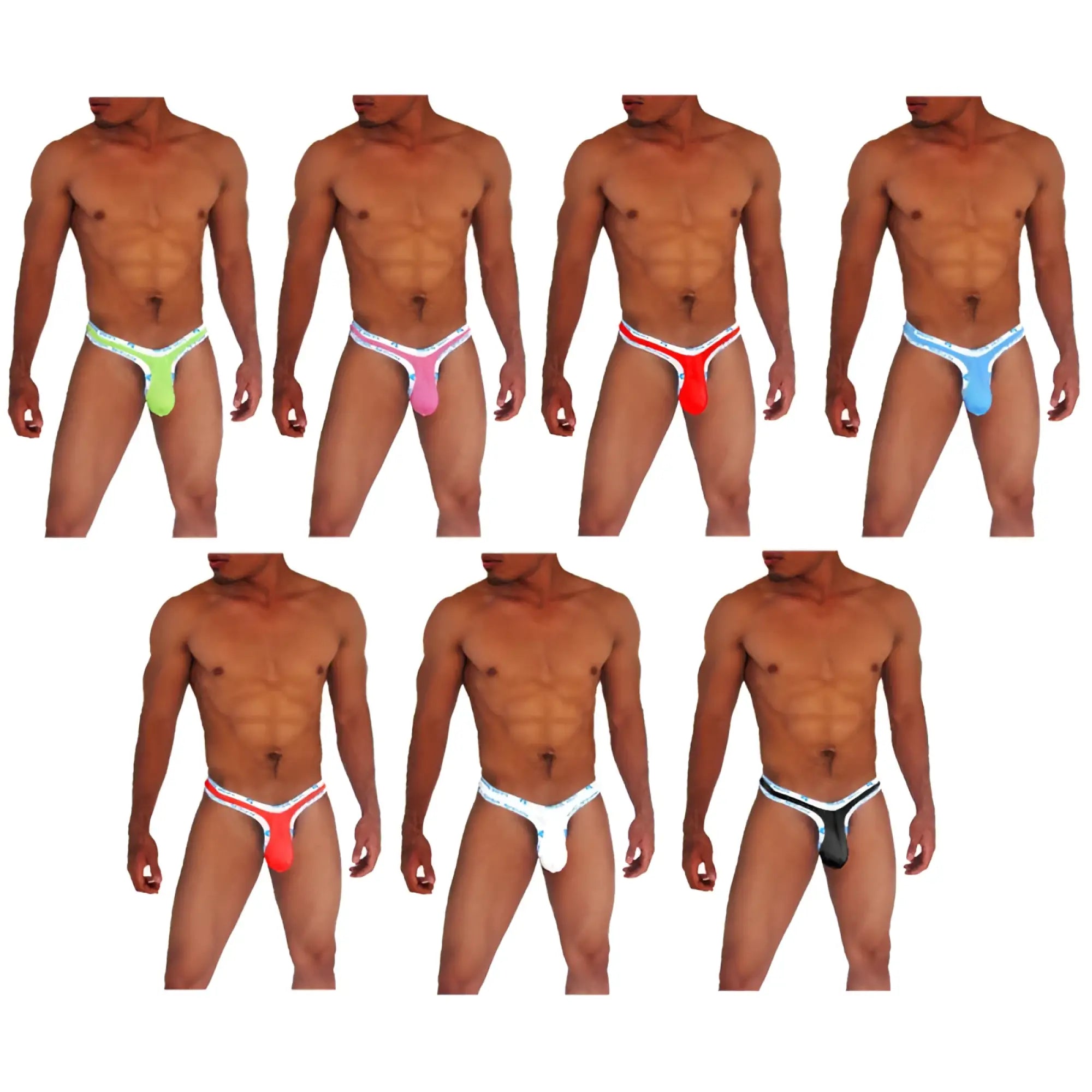 Ibrick sea seven pack yee logo trim thong underwear in neon green pink red blue and black with white trim