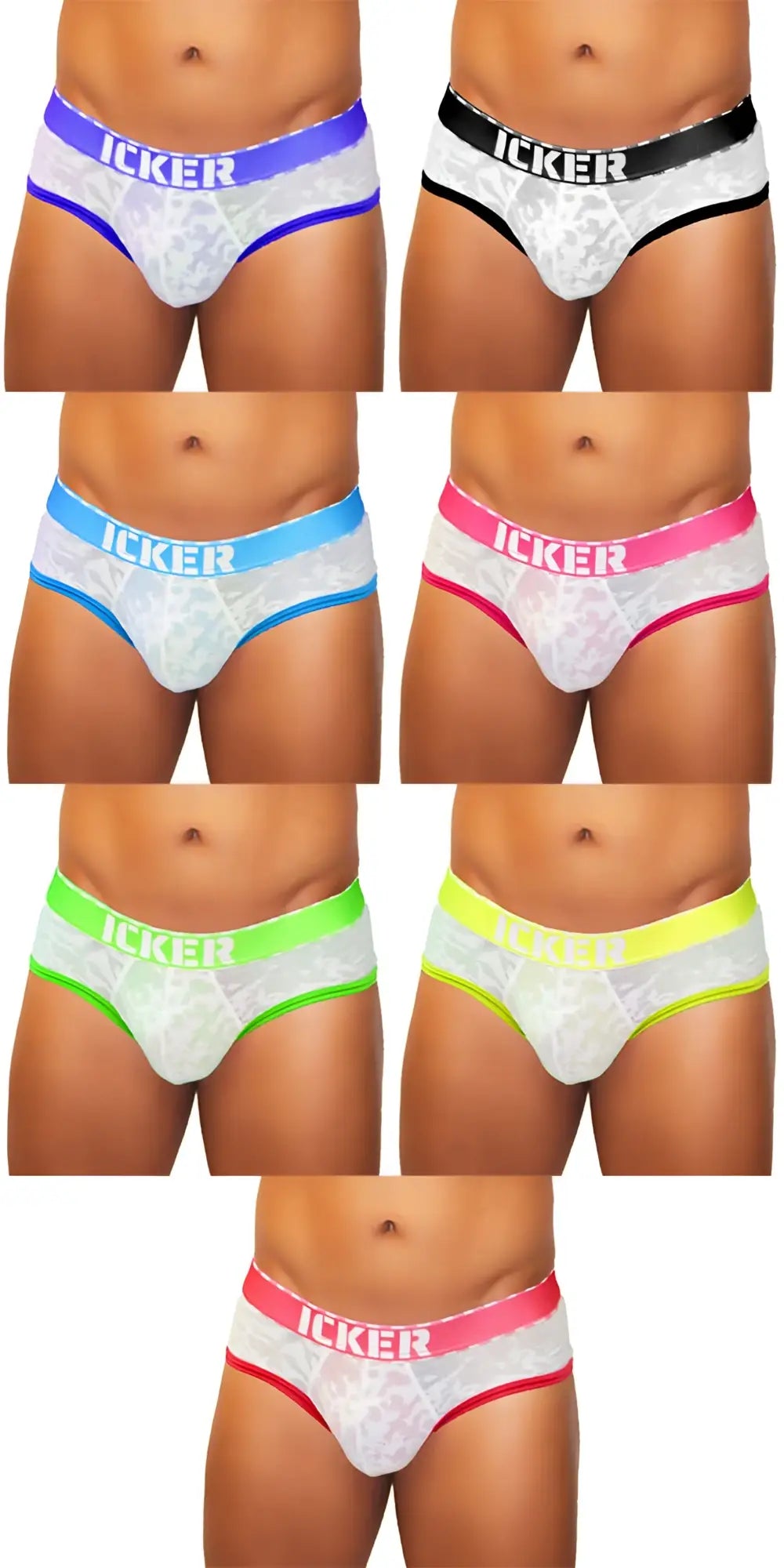 White lace briefs with colorful elastic waistbands in blue black pink neon green and yellow from icker sea acid mesh