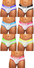 White lace briefs with colorful elastic waistbands in blue black pink neon green and yellow from icker sea acid mesh