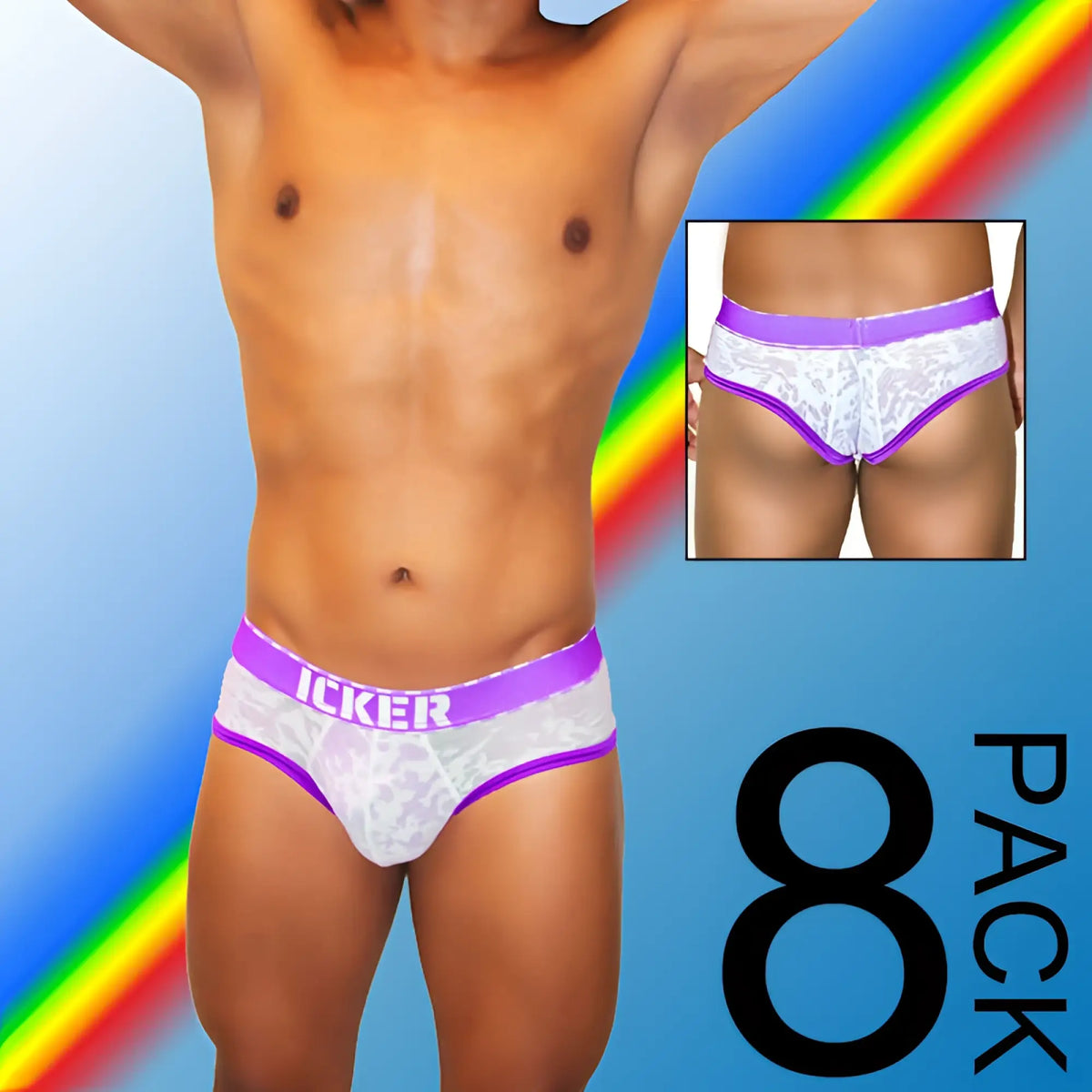 White lace briefs with purple acid mesh piping and icker printed on the waistband from Icker Sea 8 pack collection