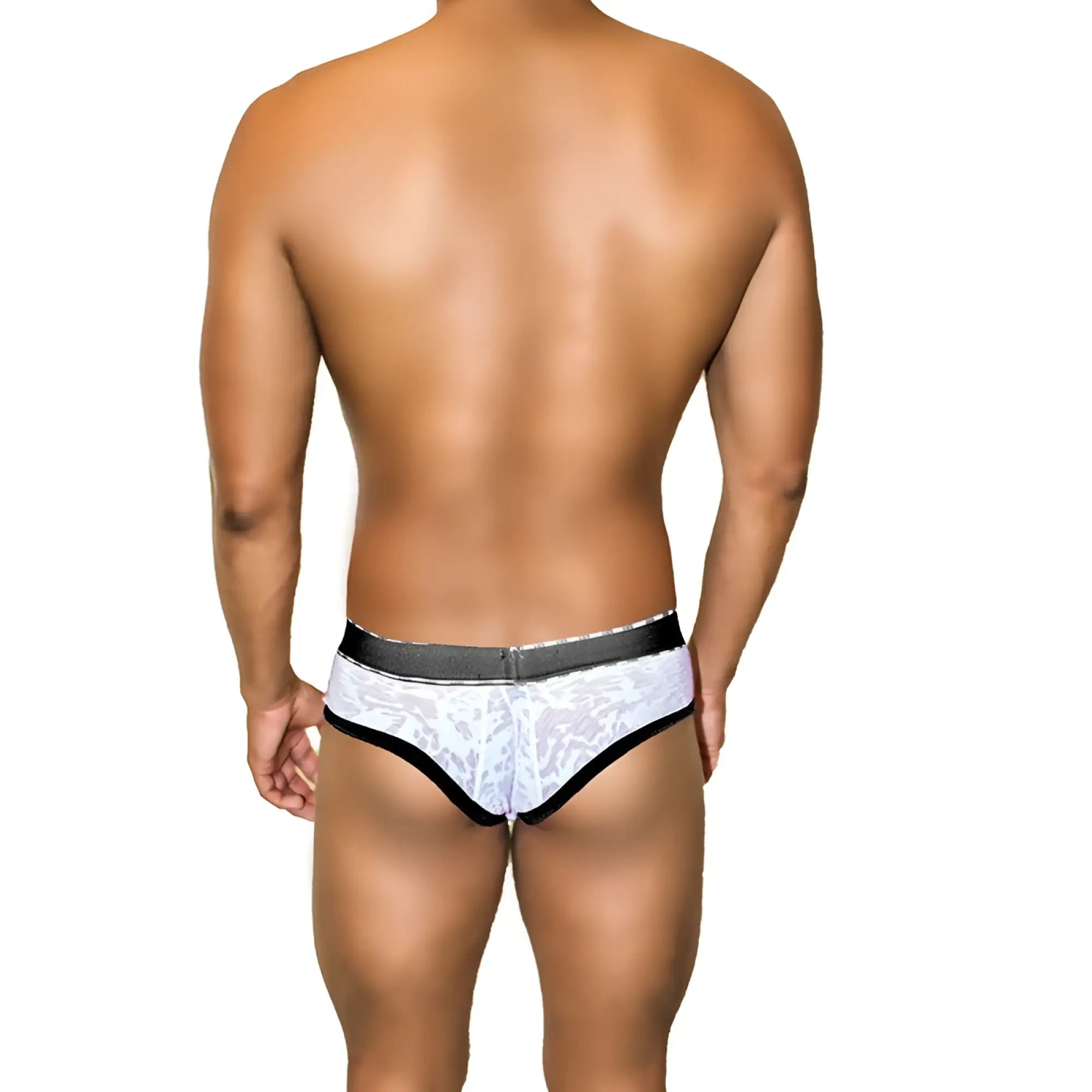 White lace briefs with black trim and silver-toned waistband from Icker Sea Acid Mesh Piping Brief Underwear Black COI-21-02