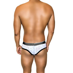 White lace briefs with black trim and silver-toned waistband from Icker Sea Acid Mesh Piping Brief Underwear Black COI-21-02