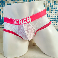 Pink and white lace trimmed men’s brief underwear with bold pink icker waistband in sea acid mesh piping design