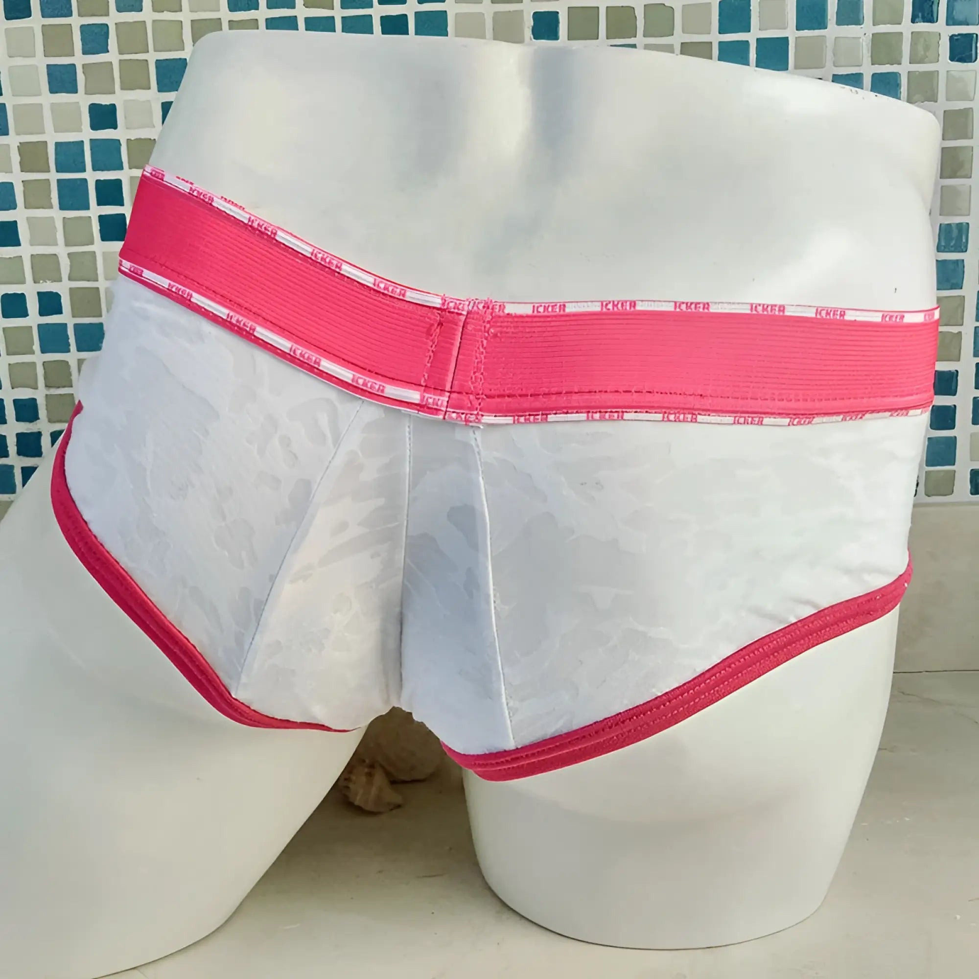 White lace men’s briefs with pink elastic waistband and trim from icker sea acid mesh piping brief underwear fuchsia coi-21-02