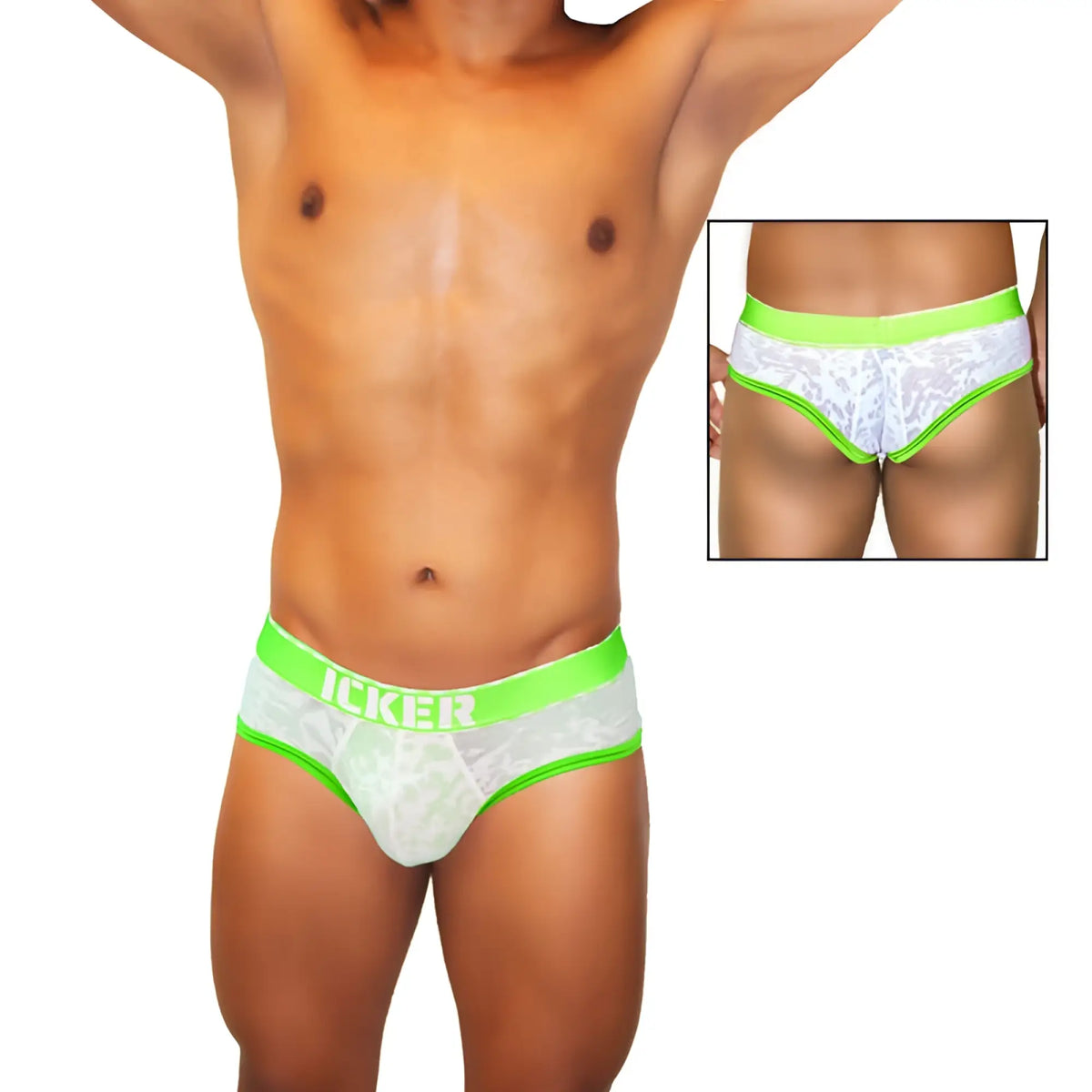 Icker sea acid mesh piping white lace briefs with bright neon green trim and subtle pattern underwear COI-21-02