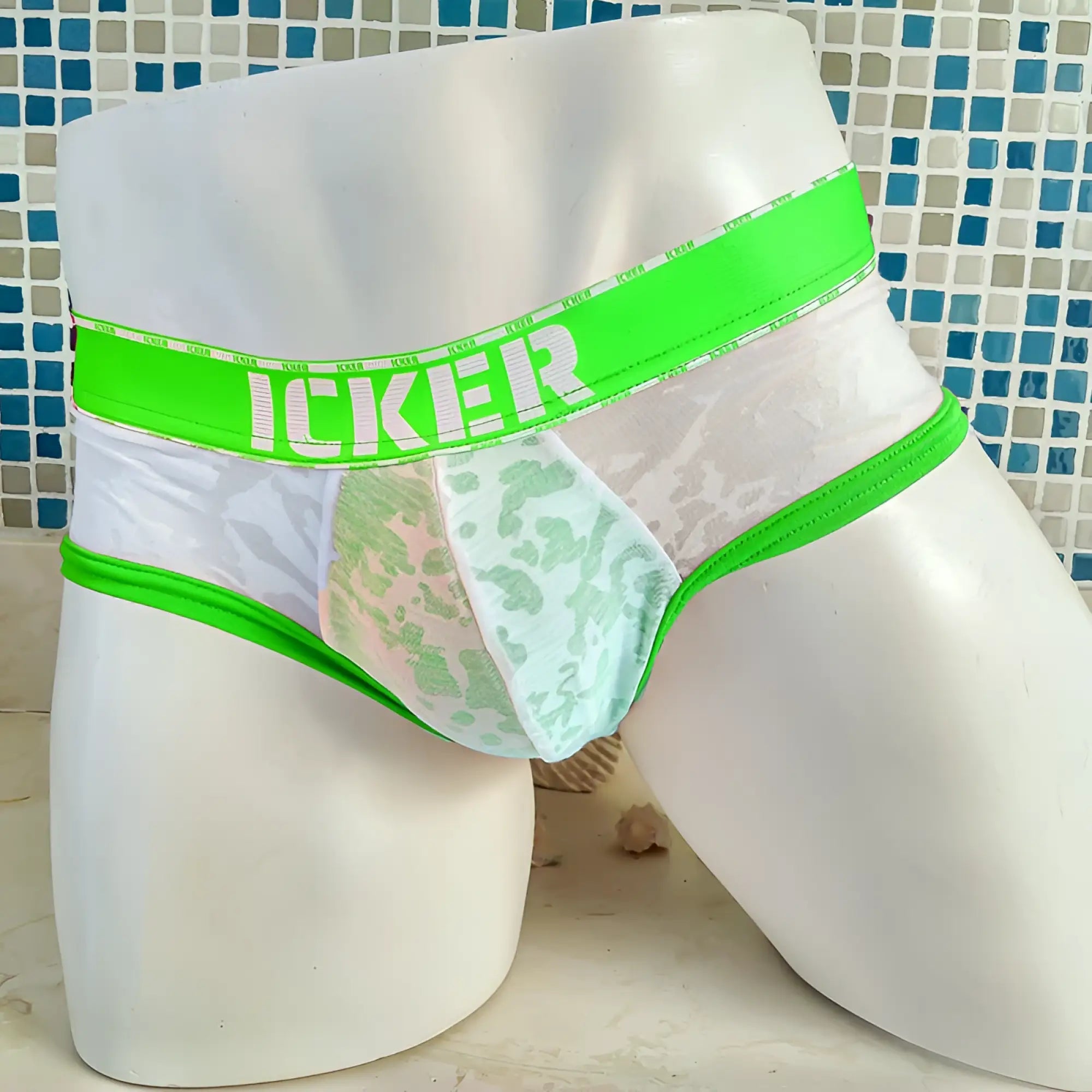 Icker Sea Acid Mesh Piping Brief underwear with bright neon green waistband white mesh and sheer light blue lace camouflage fabric