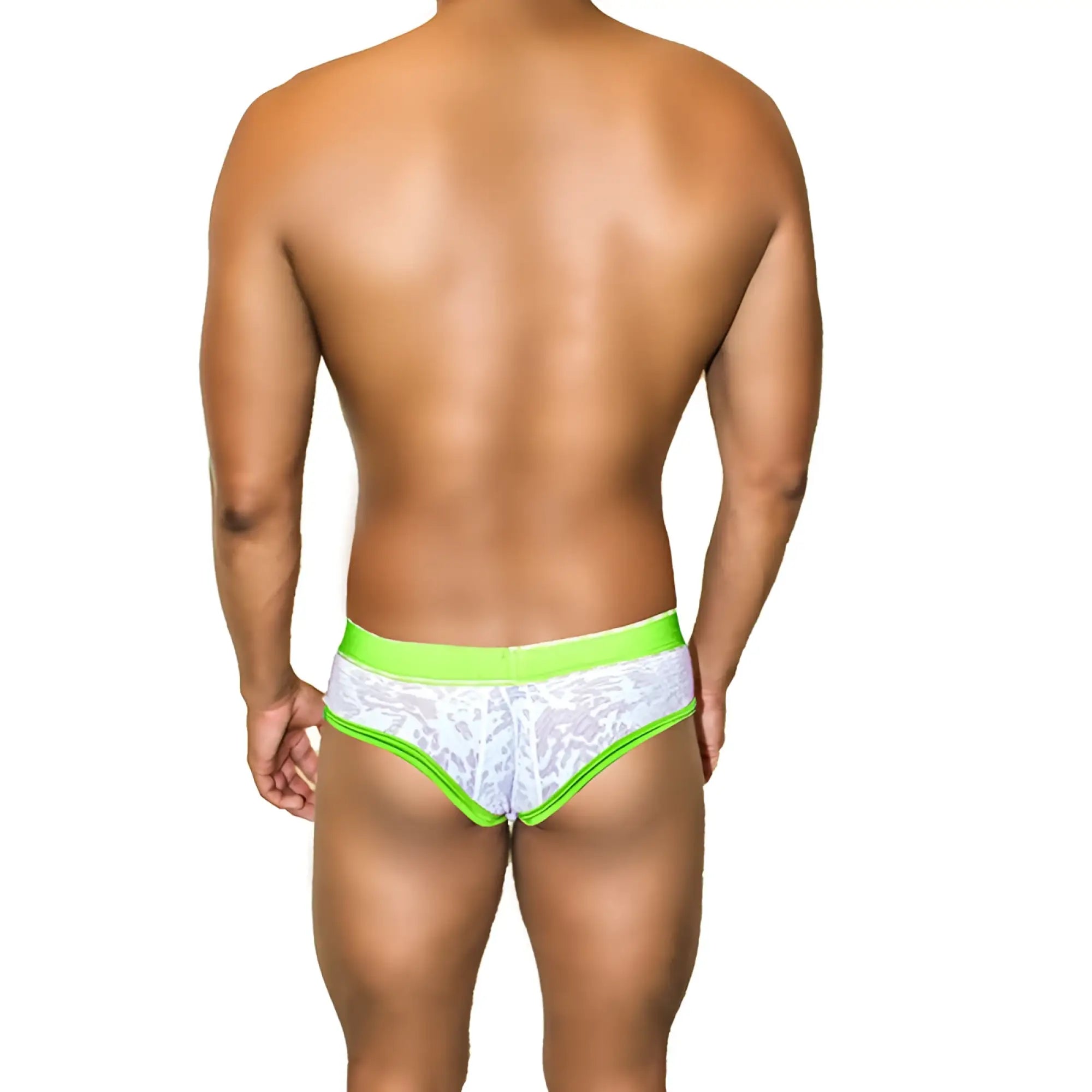 White lace briefs with neon green mesh piping and waistband from icker sea acid mesh piping brief underwear green coi-21-02