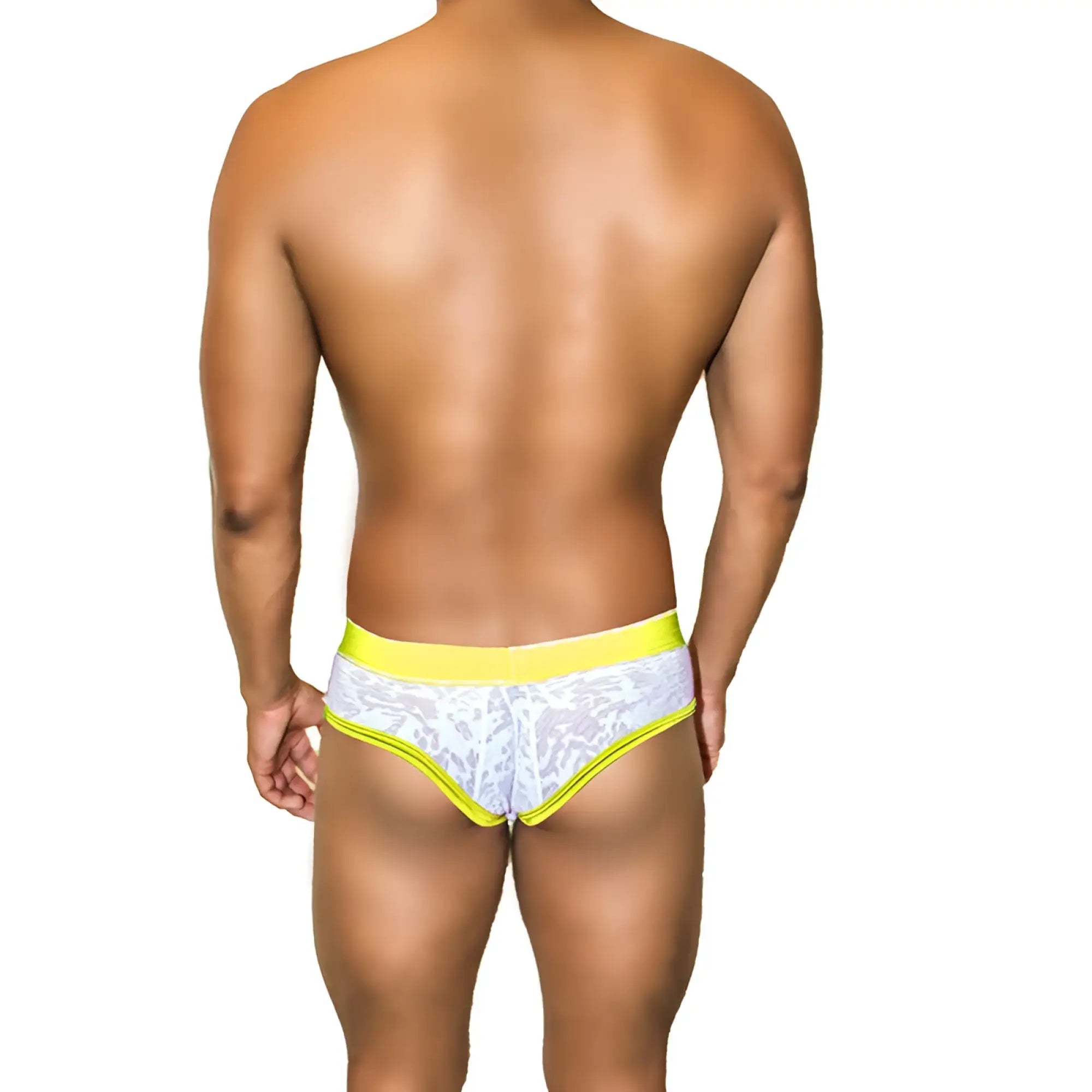 White lace briefs with vibrant neon yellow waistband and trim in icker sea acid mesh piping brief underwear mango coI-21-02