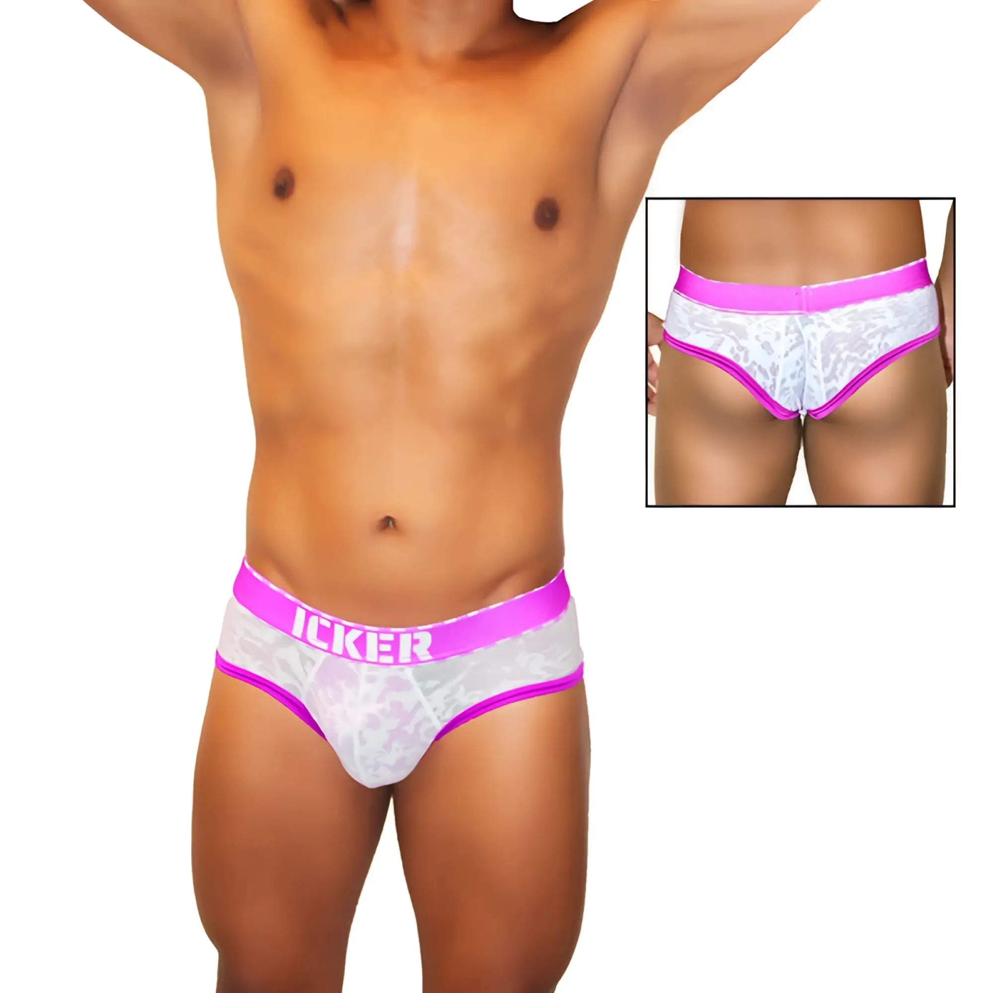 White lace men’s briefs with vibrant pink trim and waistband featuring icker brand name in bold white letters