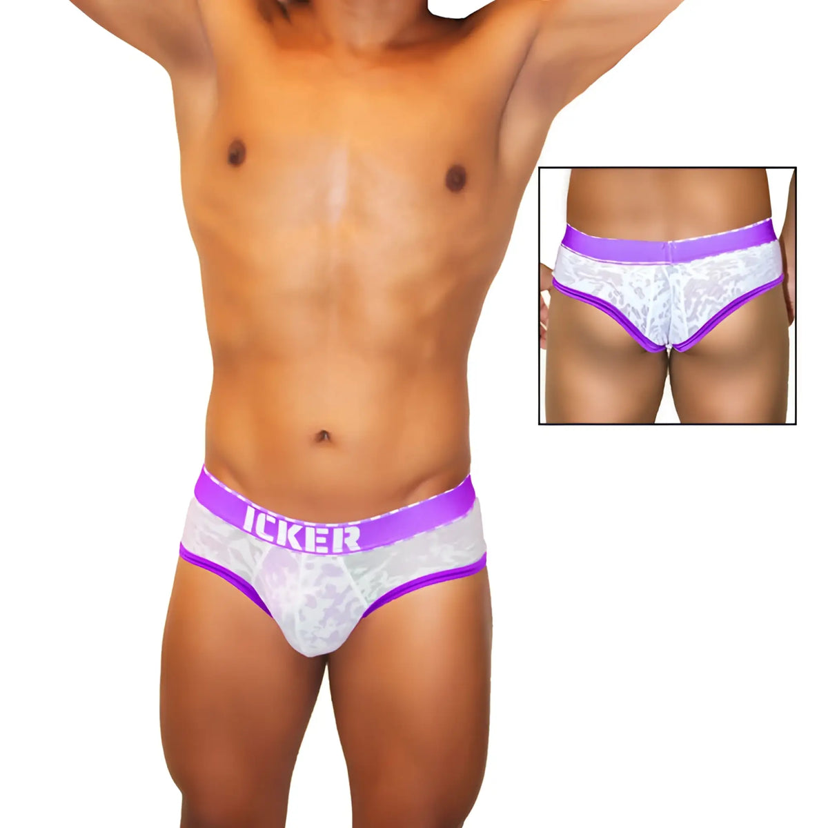 Purple and white lace-trimmed men’s briefs with bold purple icker waistband in mesh piping fabric