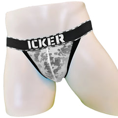 Black and gray camouflage men’s briefs with bold icker logo waistband in mesh piping cheeky tanga bikini style