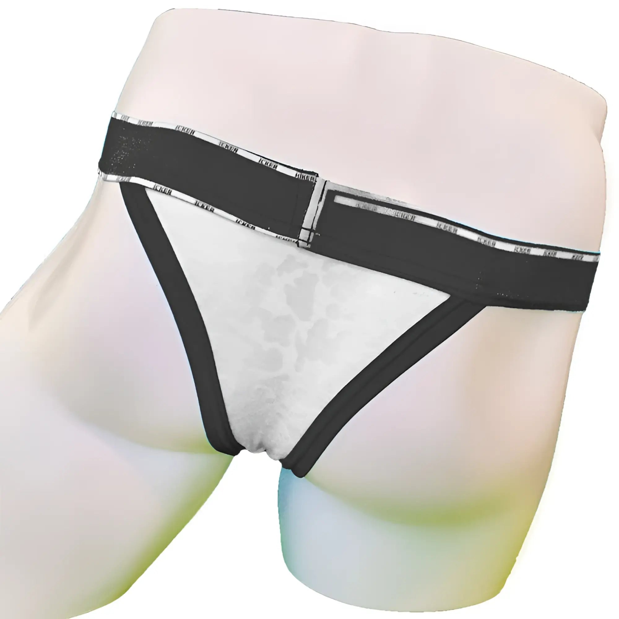 Black and white patterned cheeky tanga bikini underwear with branded waistband and acid mesh piping by icker sea