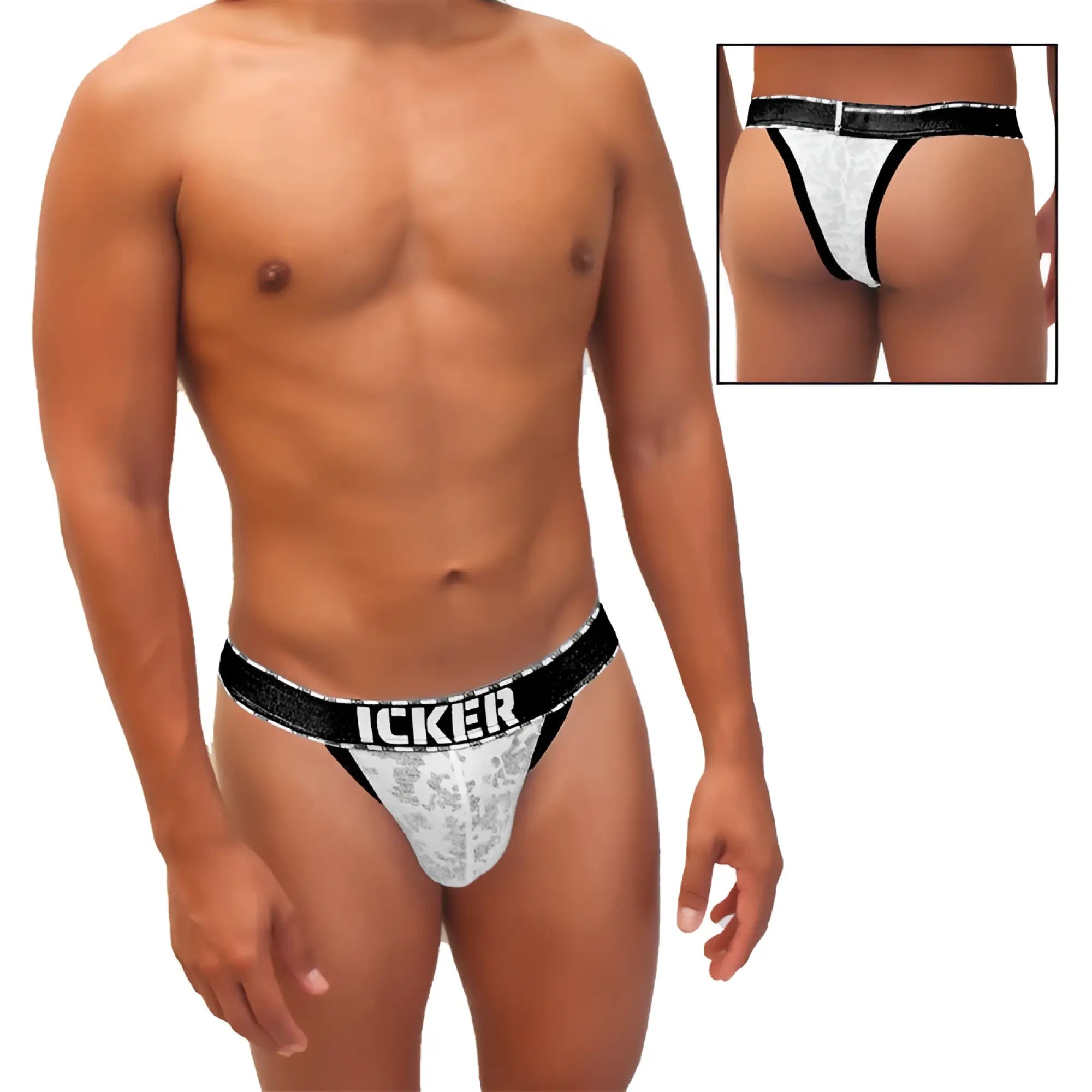 White lace thong with black elastic waistband and icker branding from icker sea acid mesh piping cheeky tanga bikini underwear black