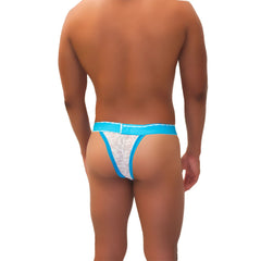 A bright blue lace-trimmed Icker Sea Acid Mesh Piping cheeky tanga bikini underwear with a white patterned center