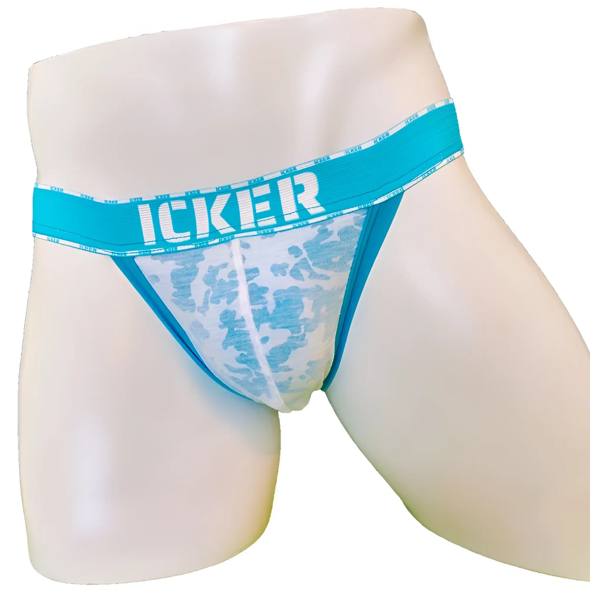 Blue and white camouflage mesh piping cheeky tanga bikini underwear with solid blue icker waistband