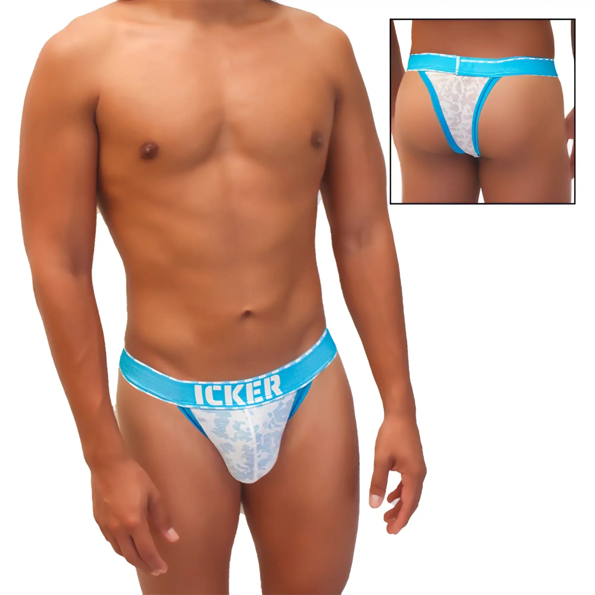 Blue and white lace cheeky tanga bikini underwear with icker branding and sea acid mesh piping detailing