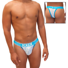 Blue and white lace cheeky tanga bikini underwear with icker branding and sea acid mesh piping detailing