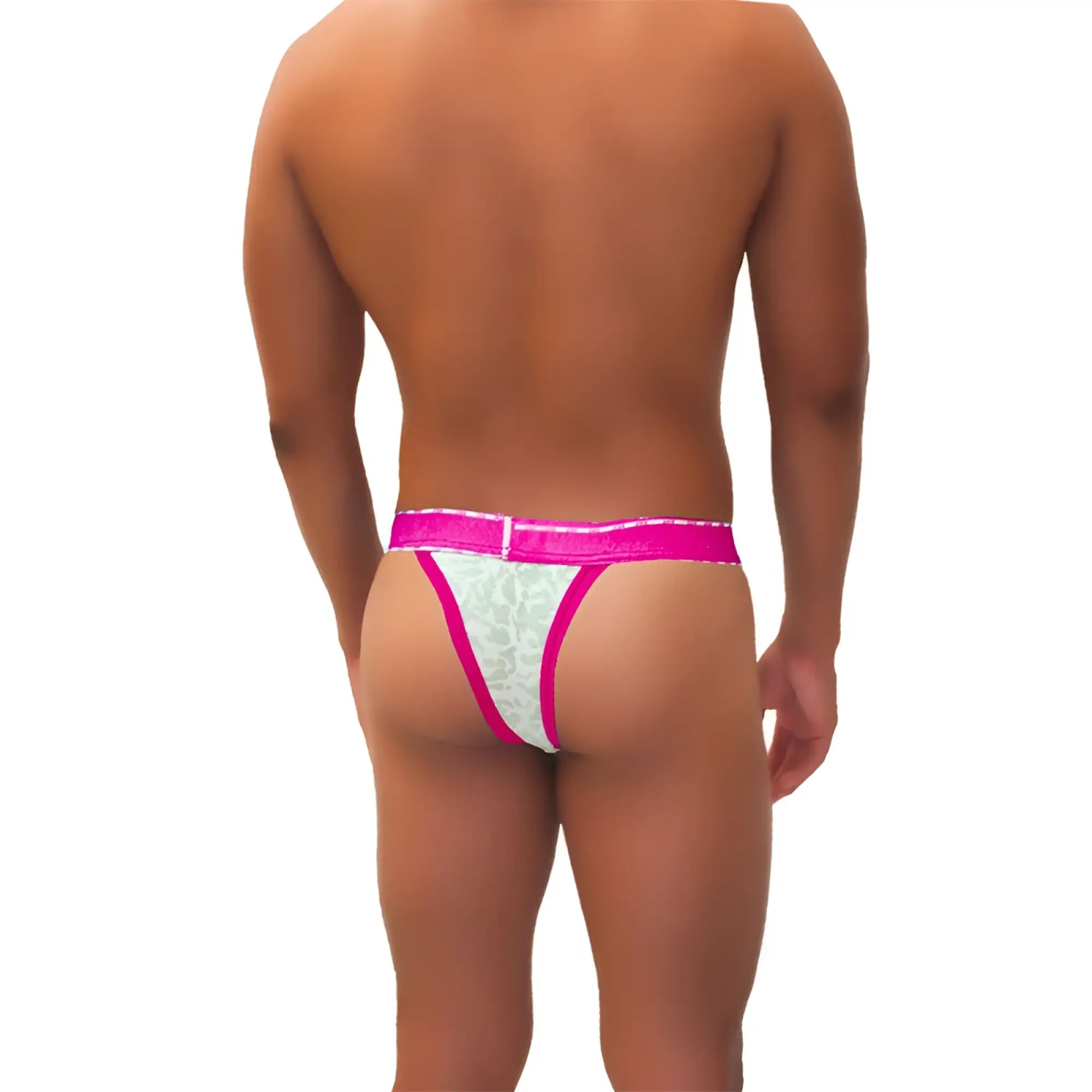 A vibrant fuchsia icker sea acid mesh piping cheeky tanga thong with pink and white lace and bold contrasting trim