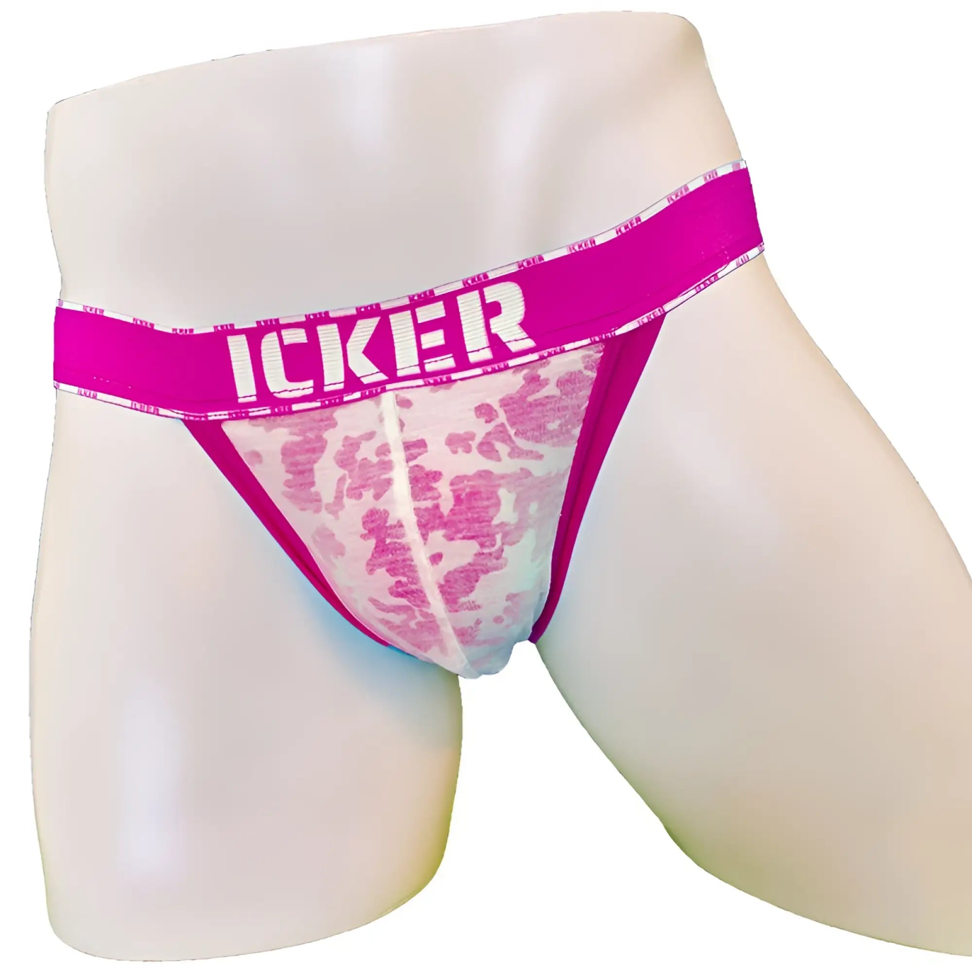 Pink lace-trimmed cheeky tanga bikini underwear with magenta icker logo waistband in fuchsia sea acid mesh piping