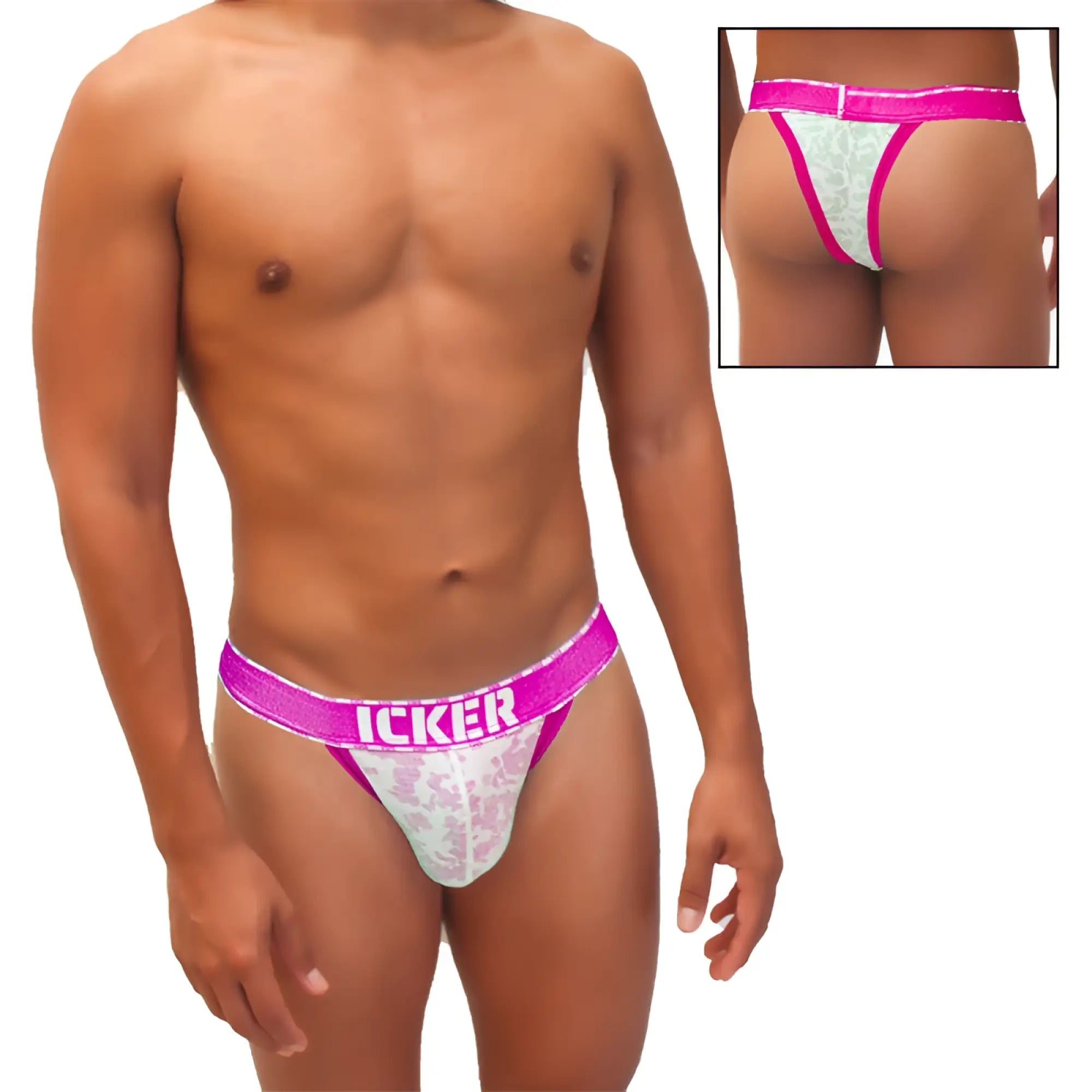 Icker sea acid mesh piping cheeky tanga bikini underwear in pink and white lace with bold pink waistband