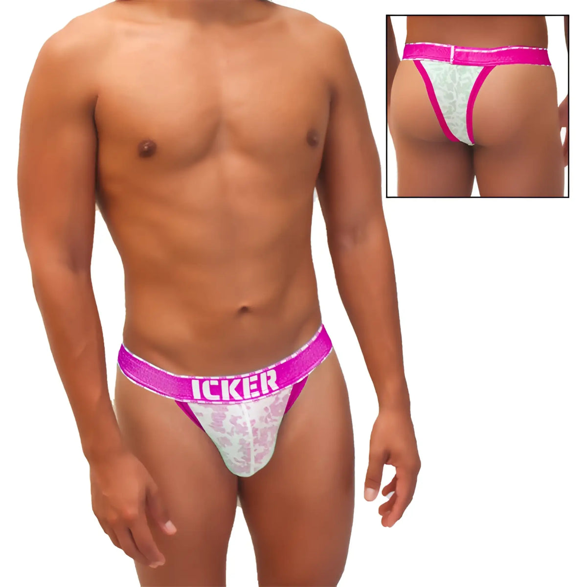 Icker sea acid mesh piping cheeky tanga bikini underwear in pink and white lace with bold pink waistband