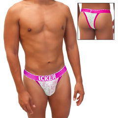 Icker sea acid mesh piping cheeky tanga bikini underwear in pink and white lace with bold pink waistband