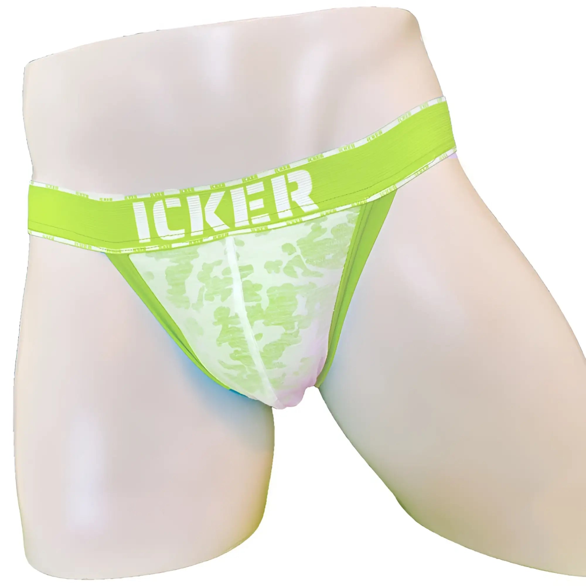 Bright lime green and white mesh piping cheeky tanga bikini underwear with bold icker logo waistband green COI-21-03