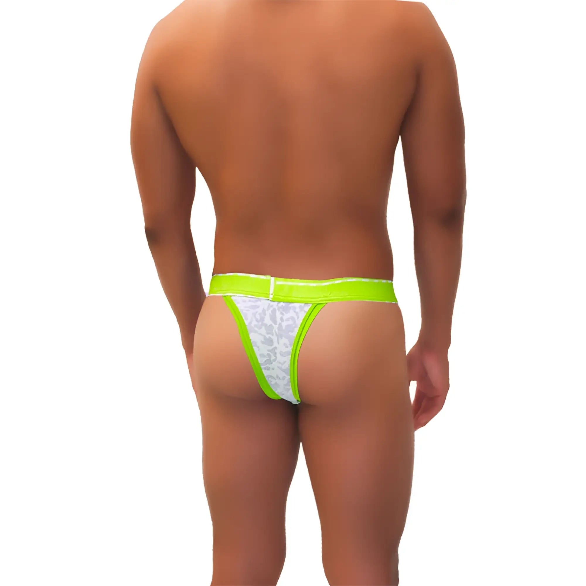 Bright neon green lace cheeky tanga bikini underwear with white patterned front and mesh piping trim