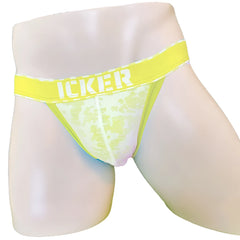 Vibrant neon yellow and white camouflage mesh piping cheeky tanga bikini underwear with icker logo waistband mango