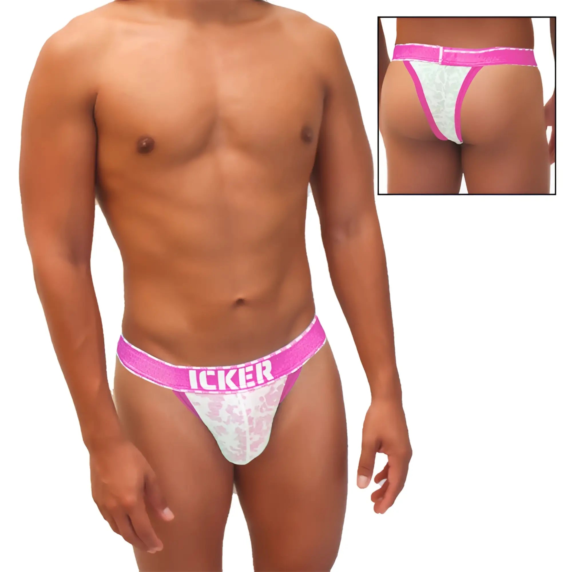 Pink and white lace cheeky tanga thong underwear with icker branding and sea acid mesh piping detail