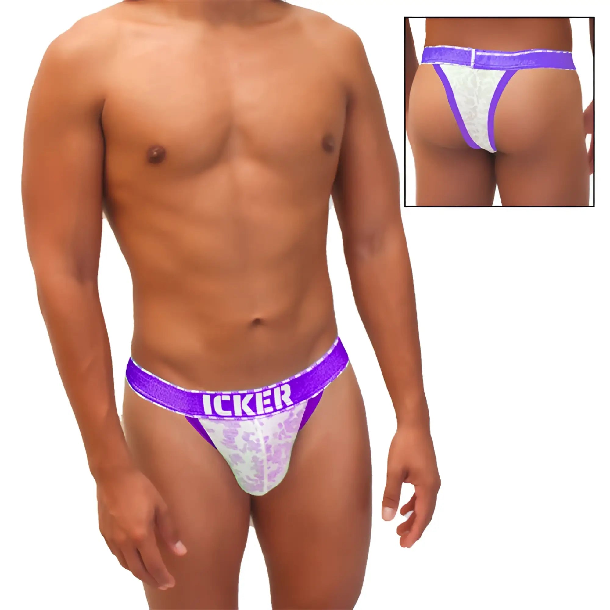 Purple and white lace cheeky tanga bikini underwear with icker branding and sea acid mesh piping details