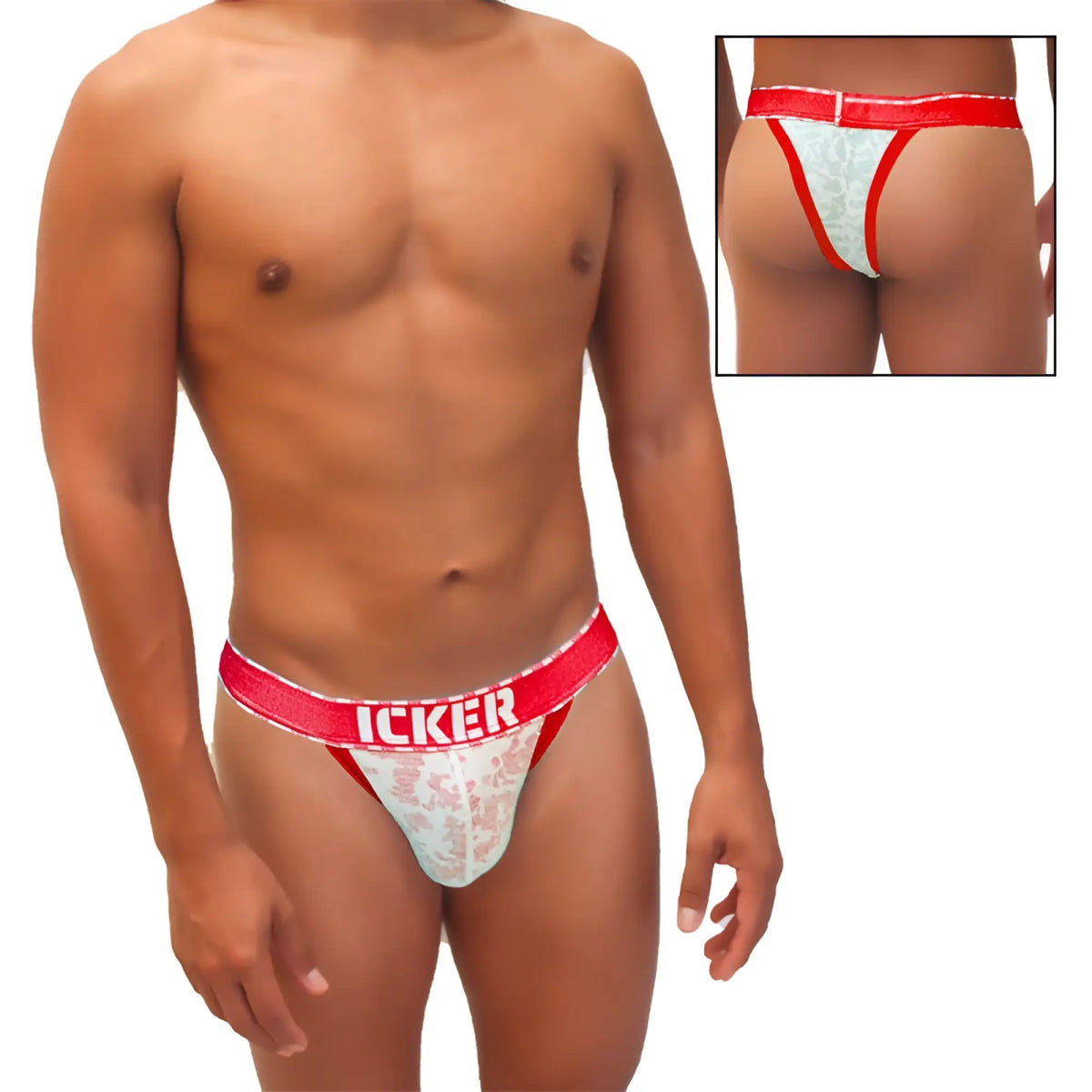 Red and white lace cheeky tanga thong underwear with icker branded waistband from icker sea acid mesh piping collection