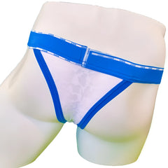 Icker Sea acid mesh piping cheeky tanga bikini underwear in royal blue with blue and white subtle patterned briefs