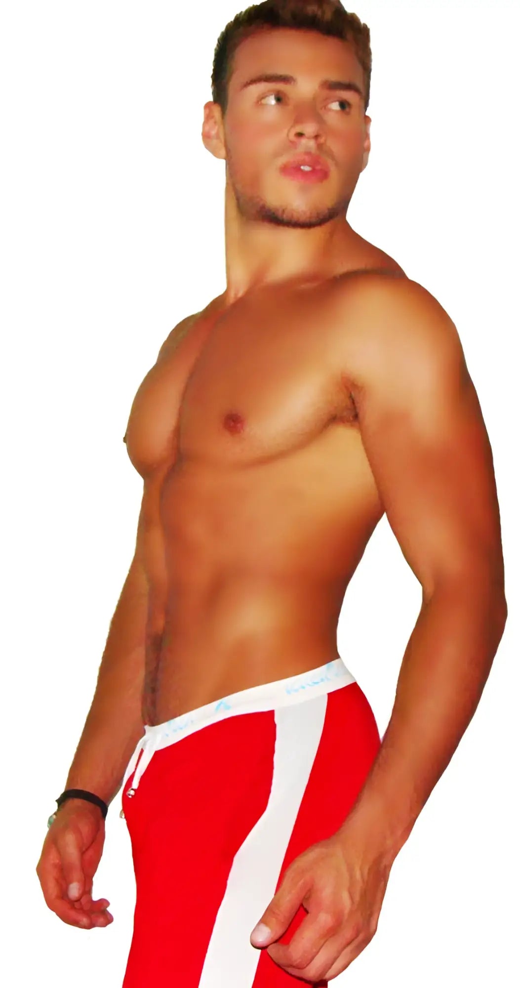 Red icker sea air fitness athletic shorts with white side stripes and elastic waistband for active wear