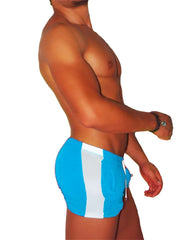 Icker Sea Air Fitness side stripe blue and white striped swim trunks with drawstring waist for active use