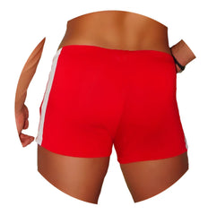 Red Icker Sea Air fitness shorts with white side stripes designed for athletic use and comfort
