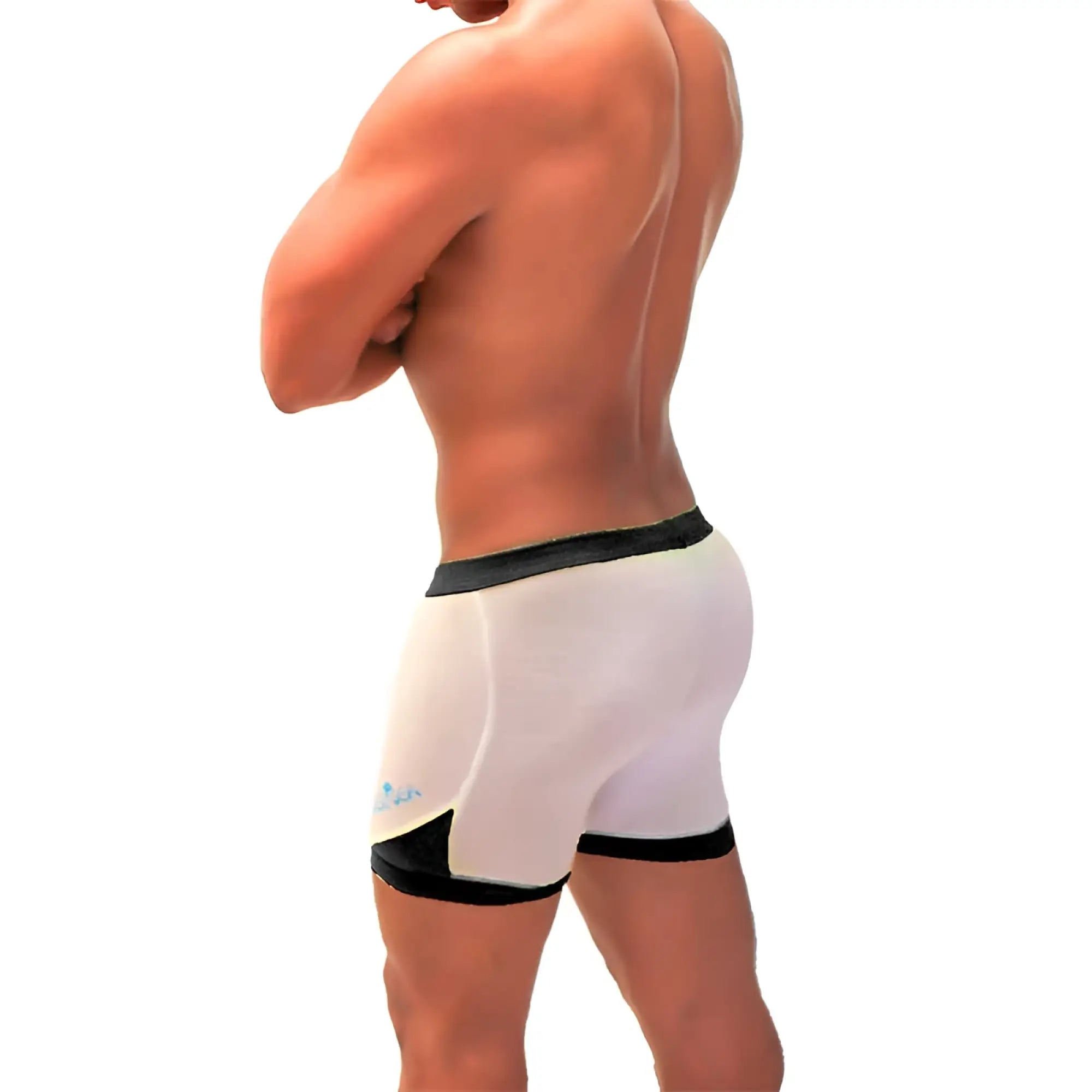 Icker Sea athletic mesh white briefs with black trim and subtle blue logo side detail for active wear