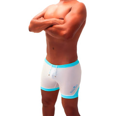 White athletic mesh swim trunks with light blue trim and drawstring waistband by icker sea model shr-22-01