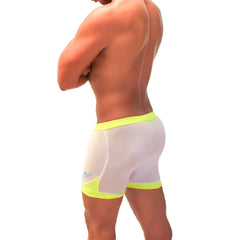 Icker Sea athletic mesh shorts in white with neon yellow trim and a blue logo on the left thigh for activewear