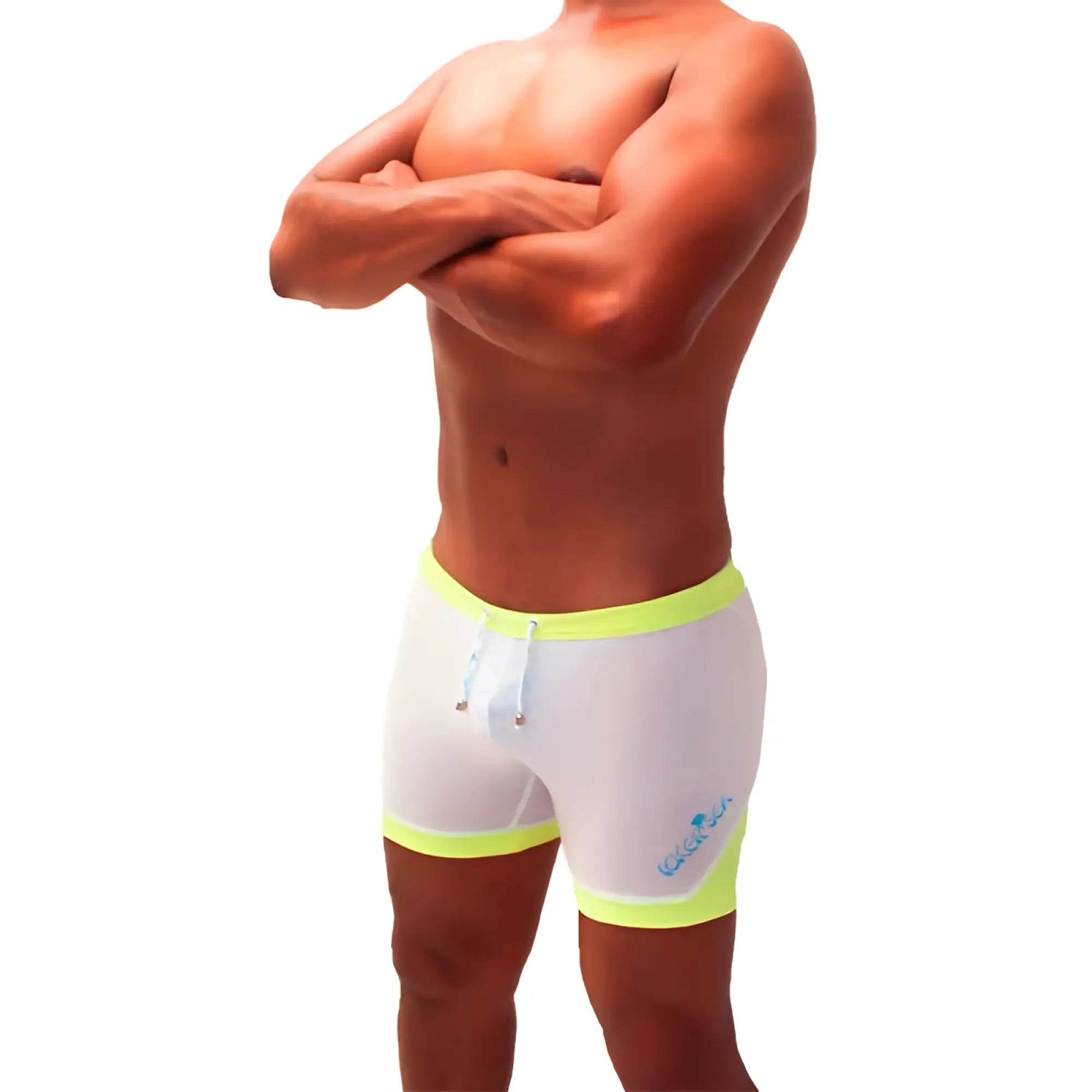 Icker sea athletic mesh contrast trim shorts mango shr-22-01 white swim trunks with neon yellow trim and blue logo on side