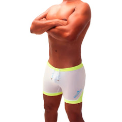 Icker sea athletic mesh contrast trim shorts mango shr-22-01 white swim trunks with neon yellow trim and blue logo on side