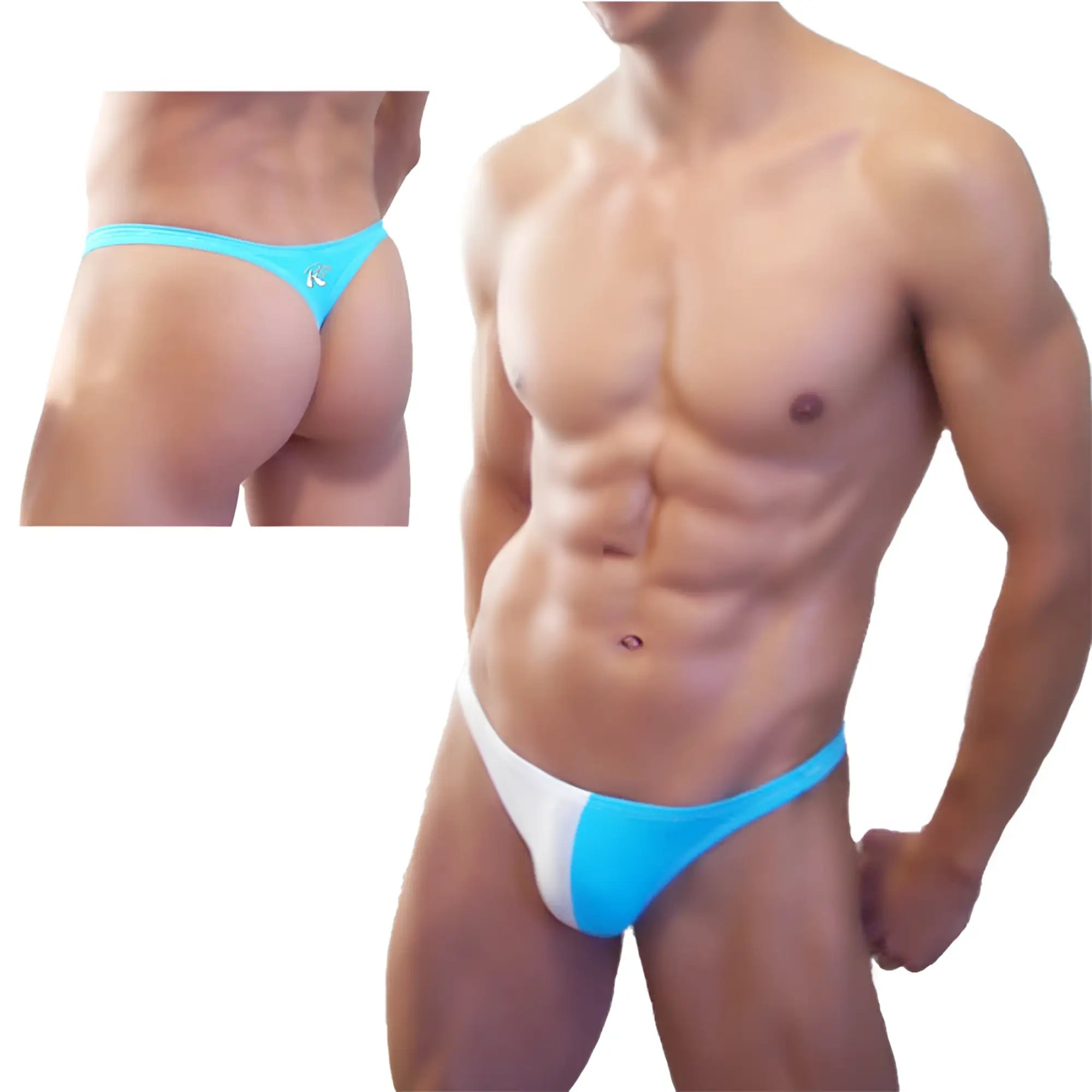 Icker Sea Bicolor thong swimwear in bright blue and white with a small logo on the side for beachwear use