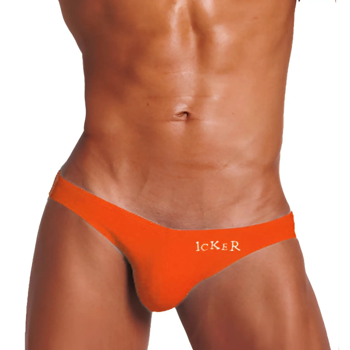 Bright orange form-fitting thong with icker embroidered in white from icker sea bottomless jock bikini underwear