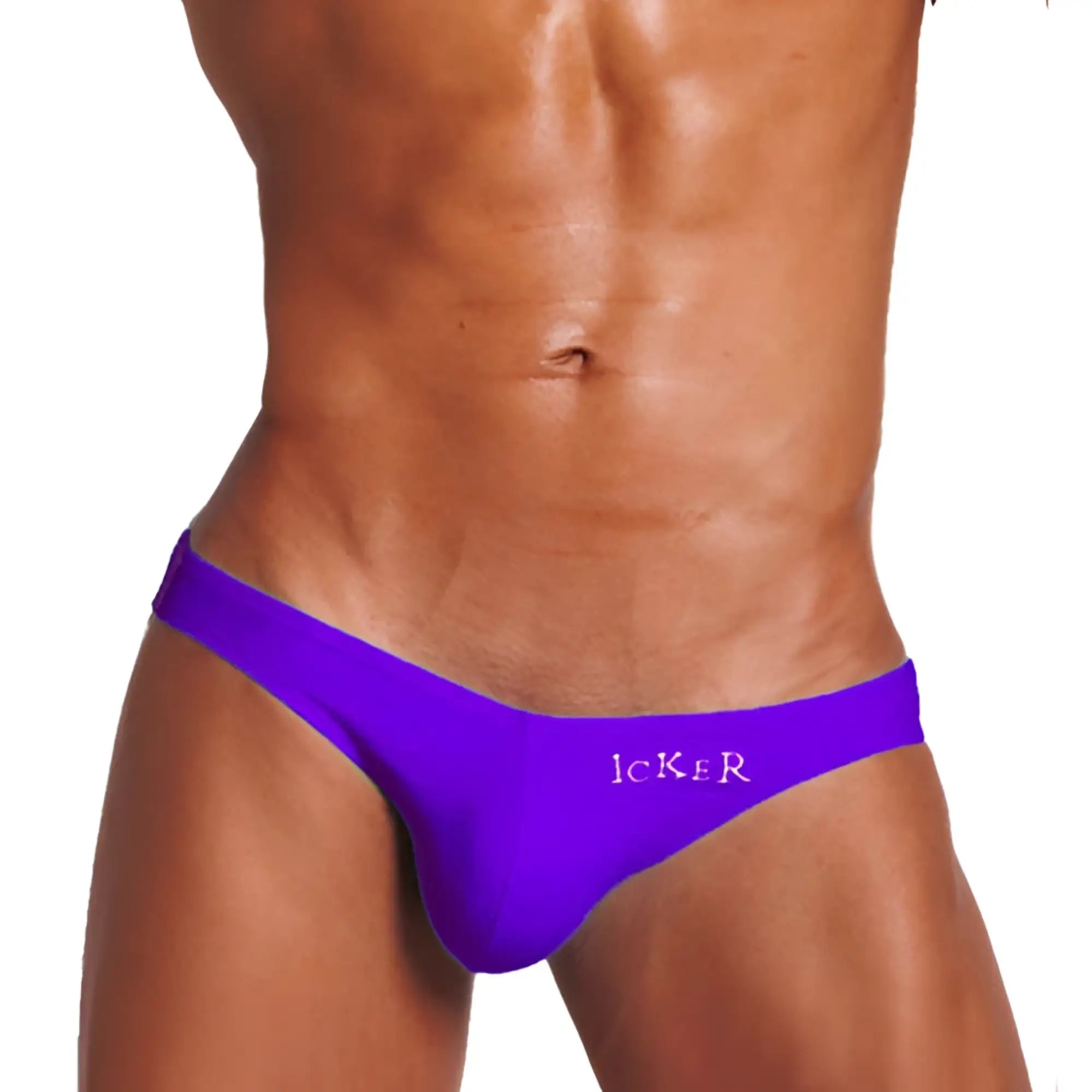 Vibrant purple icker sea bottomless jock bikini swim trunks with a form-fitting low-rise design and white logo embroidery