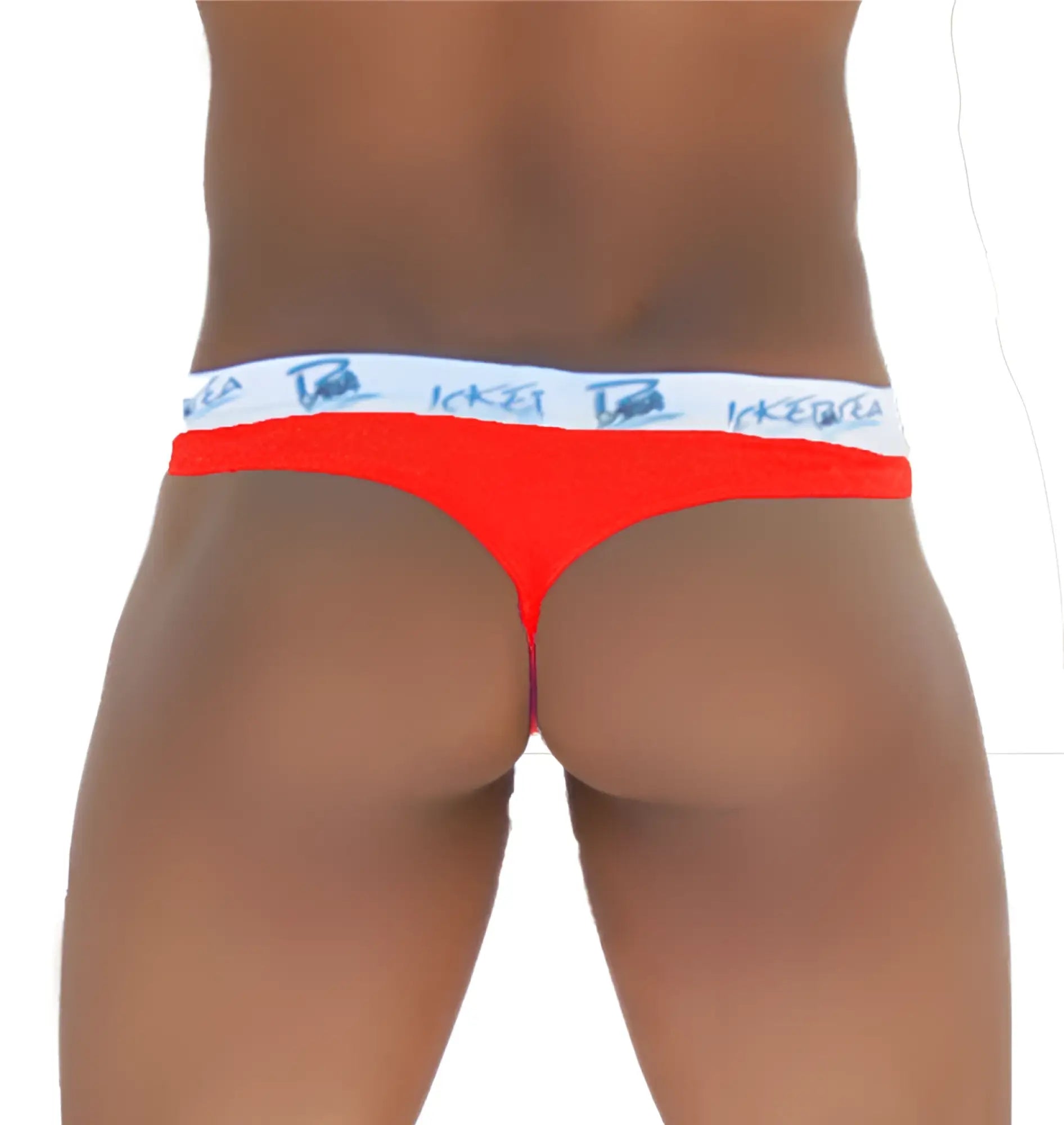 Bright red Icker Sea Brazilian tanga thong underwear with white waistband featuring blue Ikea branding