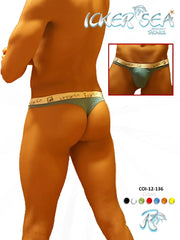 Icker sea brazilian thong underwear in teal and beige pattern with brand logo on waistband from COI-12-136 collection