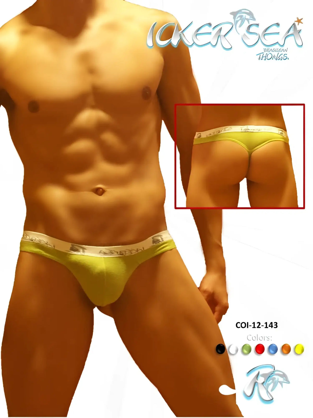 Yellow brazilian thong underwear with white elastic waistband featuring icker sea brand name in black lettering