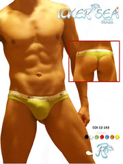 Yellow brazilian thong underwear with white elastic waistband featuring icker sea brand name in black lettering